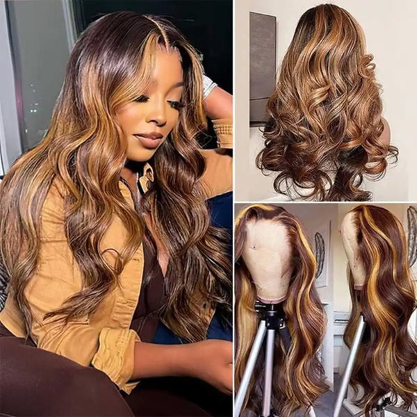 SENSAIRUITE Highlight Ombre 13x4 Lace Frontal Body Wave Wig 4/27 Colored Remy Human Hair Wig