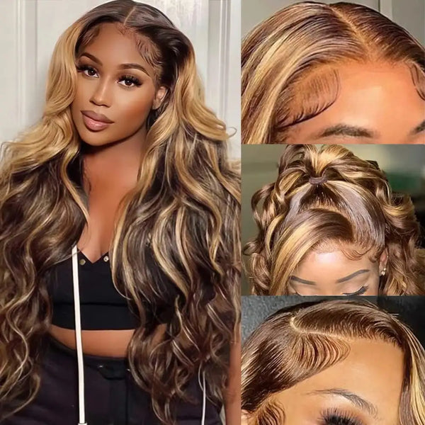 SENSAIRUITE Highlight Ombre 13x4 Lace Frontal Body Wave Wig 4/27 Colored Remy Human Hair Wig