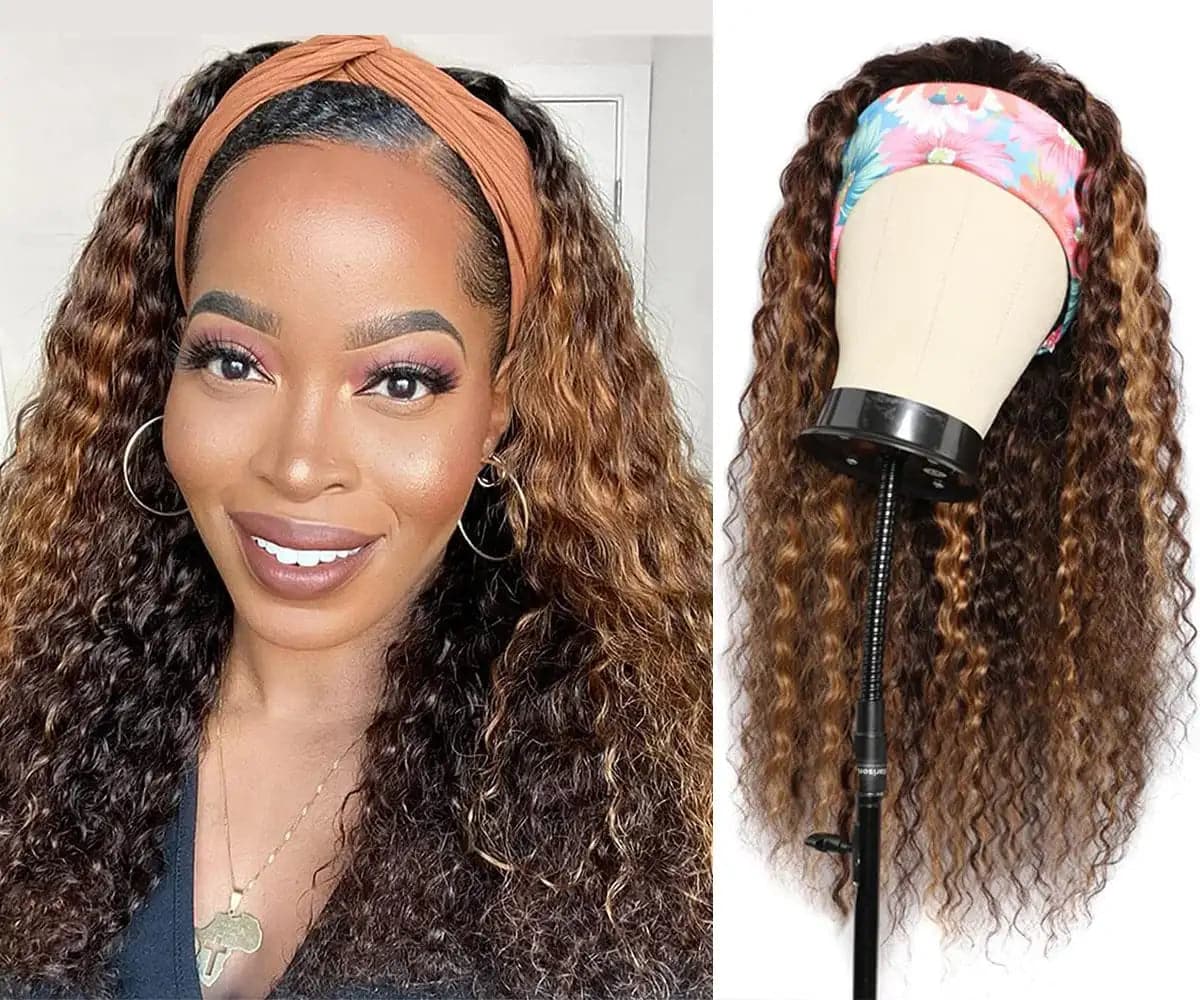 REBASAR 4/27 Ombre Color Deep Wave Headband Wig 100% Virgin Human Hair Wig with Bands