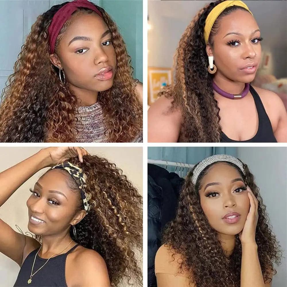 REBASAR 4/27 Ombre Color Deep Wave Headband Wig 100% Virgin Human Hair Wig with Bands